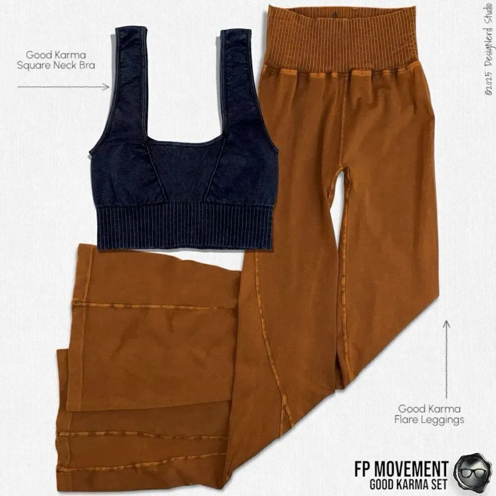 FP MOVEMENT GOOD KARMA SET BLACK SQUARE NECK BRA + TOASTED COCONUT FLARE LEGGING - Picture 1 of 15
